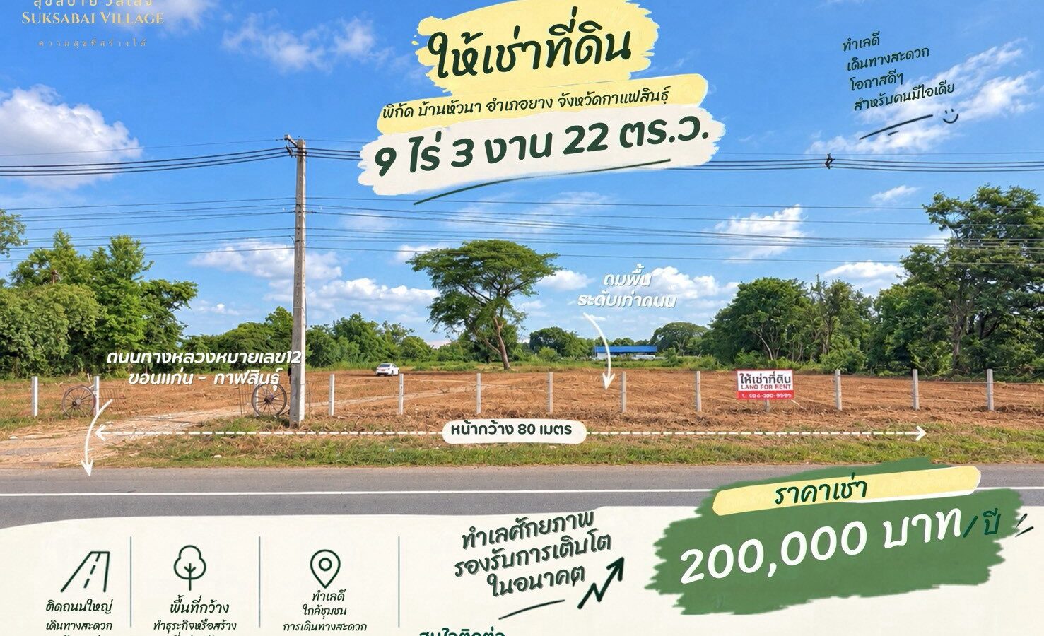 ให้เช่าที่ดินติดถนน 4 เลน ทำเลหัวนาคำ–ยางตลาด กาฬสินธุ์